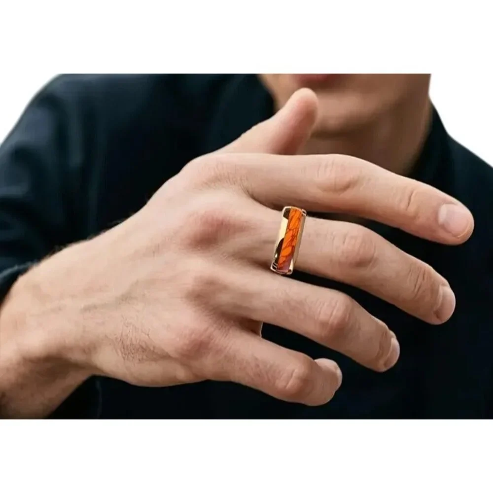Tungsten Steel Men's Fashion Ring High Polished Orange Marble & gold plated rims
